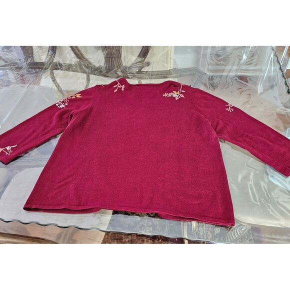Laura Ashley Womens Burgundy Floral Embroidered V-Neck Sweater L Romantic Boho - Picture 4 of 12